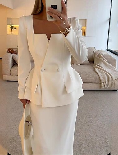  Dos Piezas Corte Trompeta / Sirena Vestido de Madrina Formal Elegante Sencillo Minimalista Escote Cuadrado Vestido Midi Crepé Tejido elástico Manga Larga con Un Color 2025