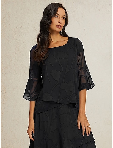  Dames Kanten overhemd Blouse Geklede topjes Chiffon-topjes Effen Kleur Bloemig Elegant Stijlvol Basic 3/4 mouw Bel Boothals Normale tops Bruiloft gast Werk Dagelijks Uitknippen Asymetrische zoom Zwart