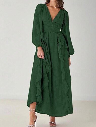  A-Linie Brautmutterkleid Formell Hochzeitsgast Elegant Einfach Minimalistisch V Ausschnitt Bodenlang Chiffon Spitze Langarm mit Gerafft Kaskadierende Rüschen 2025