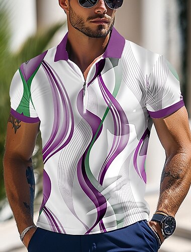  Herren Geometrisch Linie Poloshirts mit Reißverschluss Kurzarm Polo-Shirts Hemden mit Kragen Business-Casual Outdoor Athleisure 3D-Druck Sommer Blau Purpur Braun