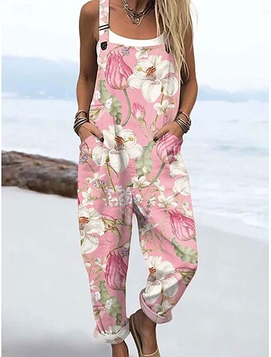  Damen Overall Aktiv Blumen Ärmellos Urlaub Täglich Lässiger Schnitt Rosa Blau Grün Sommer