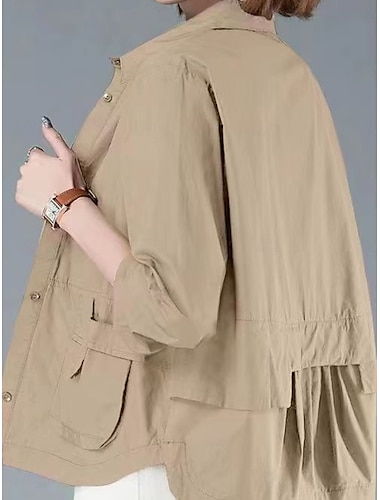  Damen Freizeitjacke Bequem Atmungsaktiv Tasche Knöpfe Lässig Einfach Urlaub Straße Lässig Alltagskleidung Einreihig Kurz Umlegekragen Normale Passform Langarm Oberbekleidung Schwarz Orange Braun