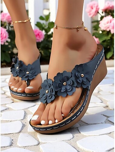  Damen-Flip-Flops mit Blumenmuster und Keilabsatz und gepolsterter Sohle, bequeme Sommersandalen für Zuhause, den Strand und tägliche Besorgungen