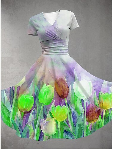  Women's Midi Dress Summer Dress Fit And Flare Dress Party Casual Daily Holiday Regular Fit Floral Graphic Short Sleeve V Neck Yellow Purple Green Summer Spring