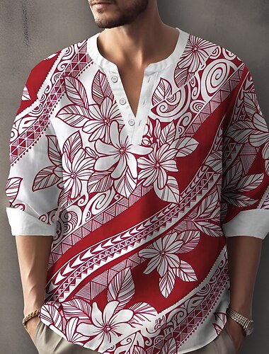  Herr Polynesiska Stam Blomtryck Skjorta Henleytröja Tunika Långärmad Vintage retro Dagligen Utomhus Semester Sommar Vår V-hals Knappen uppåt 3D-utskrift Linne som skjorta Blå Gul Rubinrött