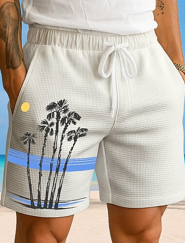  Per uomo Albero di Cocco Piante Tropicali Pantaloncini Waffle Pantaloncini da tuta Pantaloncini casual Misura del girovita medio Moda Casual Vacanza Jogging Allenamento Coulisse elastica in vita