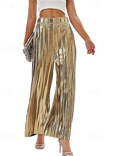  Damen Hosen Hose Palazzo-Hose Mode Streetwear Volle Länge Hohe Taille Einfach Elastischer Bund Atmungsaktivität Bequem Mikroelastisch Party Ausgehen Silber Schwarz Gold Frühling Herbst Normale