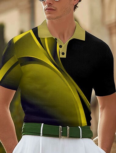  Herren Geometrisch Linie Waffel-Poloshirts Kurzarm Polo-Shirts Hemden mit Kragen Business-Casual Geschäft Athleisure Alltagskleidung 3D-Druck Knöpfe Sommer Gelb Blau Grün