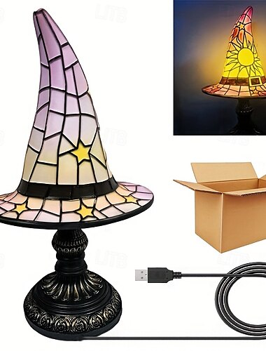  1 Stück Retro-Hexenhut-Licht aus Harz, einzigartiges Nachtlicht für den Innenbereich, Nachttisch, Schlafzimmer, Halloween-Festival-Atmosphäre, dekoratives Licht, USB-Stecker