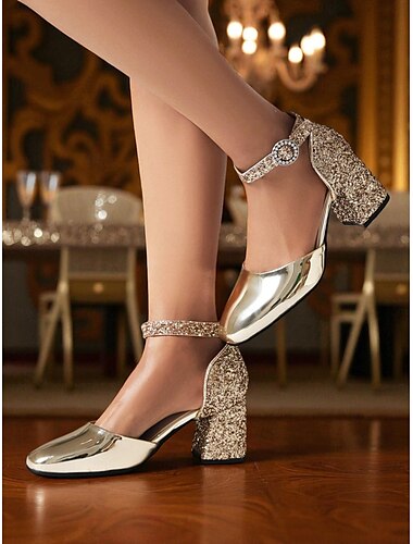  Damenpumps mit Blockabsatz im Stil der 50er Jahre mit goldenem Glitzer – glänzende Partyschuhe mit quadratischer Spitze und strassbesetztem Knöchelriemen für Abende, Hochzeiten und formelle Anlässe