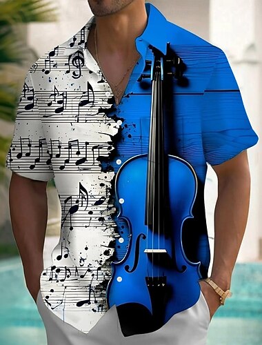  Herre Gitar Musikknotater Skjorte Sommerskjorte Skjorte med knapper Kortermet Fashion Casual utendørs Feriereise Hverdag Sommer Vår Aftæpning 3D-utskrift krage skjorter Front One Lomme Blå