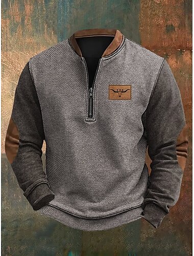  Hombre Sudadera Sudadera con un cuarto de cremallera Gris Media cremallera Bloque de color Vaca Deporte Diario Festivos Poliéster Vintage Ropa de calle Casual Primavera & Otoño Ropa Sudaderas con