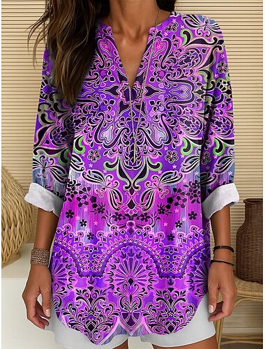  Damen Bluse Grafik Paisley-Muster Vintage Tropisch Hawaiianisch Langarm V Ausschnitt Normale Oberteile Täglich Ferien Strandbekleidung Druck Rote Blau Purpur Grün Sommer Frühling