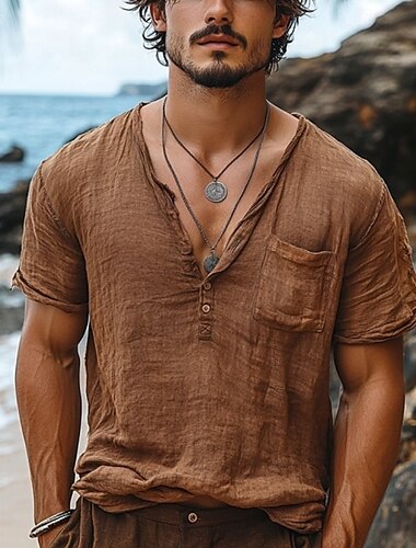  Herren T Shirt Henley Hemd T-Shirt Kurzarmshirt Kurzarm Henley Sommer Einfarbig Bohemien Vintage Lässig Knöpfe Tasche Urlaub Straße Alltagstauglich Braun Top T-Shirt für Herren