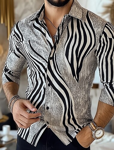  Homens Geométrica Listrado Ondas Camisa Social camisa de botão Camisa social casual Manga Longa Moda Casual Formal Férias Dia a Dia Verão Primavera Aberto para a Lateral Impressão 3D camisas de