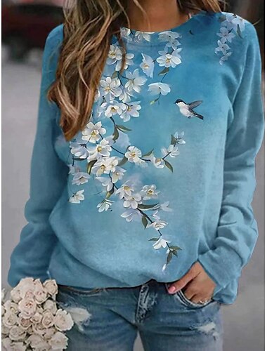  Damen Pullover Sweatshirt Blumen Grafik Lässig Langarm Rundhalsausschnitt Normale Oberteile Straße Lässig Ferien Druck Rosa Blau Dunkelblau Frühling Herbst Winter