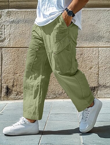  Hombre Pantalones cargo Pantalones de lino Pantalones Pantalones de verano Pantalones anchos Puño elástico Plano Comodidad Transpirable Longitud total Casual Diario Festivos Vacaciones Moda Negro