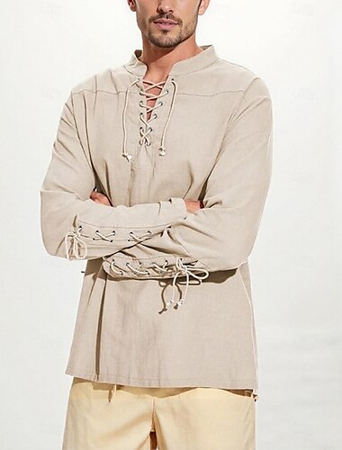  Médiéval Renaissance 17ème siècle Blouse / Chemise Costume de cosplay Ren Faire Pirate Chevalier Viking Cordon de serrage Couleur Unie Homme Pirate Fantaisie Halloween Mascarade Décontracté Quotidien