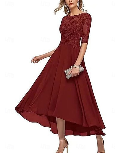  A-linje Ankellång Festklänning Cocktail klänning Aftonklänning Halvlång ärm Rund hals Elegant Bröllopsgäst Spets Klänning till brudens mor med Enfärgat