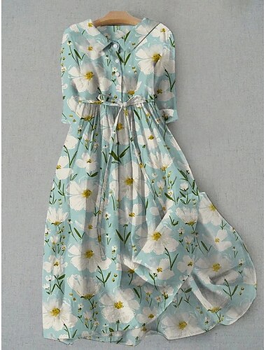  Damen Midikleid Shiftkleid Lässig Täglich Normale Passform Blumen Grafik Halbarm Revers Dunkelgrün Blau Grün Sommer Frühling