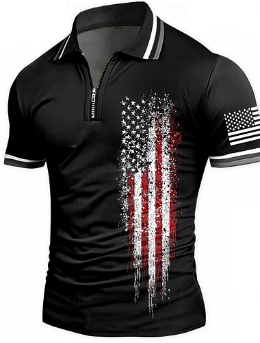  Amerikanischer Unabhängigkeitstag Herren Amerikanische US-Flagge Poloshirts mit Reißverschluss Kurzarm Polo-Shirts Hemden mit Kragen Lässig Athleisure Alltagskleidung 3D-Druck Sommer Schwarz Blau