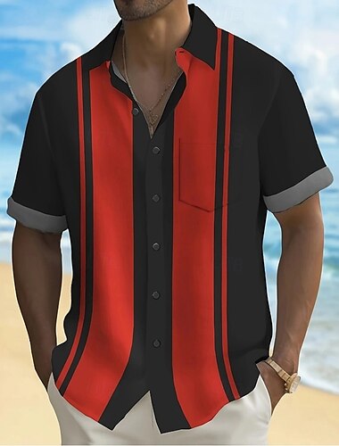  Herren Geometrisch Gestreift Hemd Sommerhemd Knopfhemd Kurzarm Modisch lässig Outdoor Urlaub Alltagskleidung Sommer Frühling Umlegekragen 3D-Druck Hemden mit Kragen Eine Tasche vorne Rote