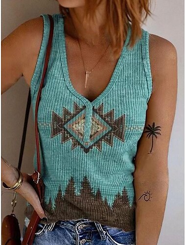  Damen Camisole-Tanktop Grafik Geometrisch Bohemien Vintage Stilvoll Ärmellos Ärmellos V Ausschnitt Crop Tops Täglich Druck Blau Braun Khaki Sommer Frühling