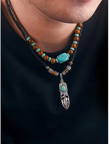  Herren-Halskette mit Vintage-Federanhänger und türkisfarbenen Perlen – Lederseilschmuck im Tribal-Stil für Festivals, Reisen und den Alltag