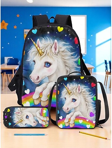  Ensemble sac à dos licorne 3 pièces pour fille avec sac à lunch et trousse à crayons – motif arc-en-ciel coloré pour l'école primaire et l'utilisation quotidienne Kayomi Harai