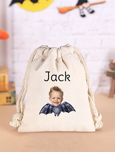  fotografie personalizată &Pungă de cadouri de Halloween cu nume pentru copii, geantă personalizată cu bomboane de liliac de noapte întunecată, sac cu tematică de pădure pentru dulciuri, pungă de
