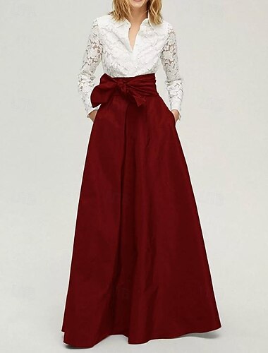  schwarz-weißes Abendkleid A-Linie Hemdblusenkleid für die Mutter der Braut, elegant, schlicht, minimalistisch, Hemdkragen, bodenlang, Stretch-Spitzentaft, lange Ärmel mit Schleife(n) 2025