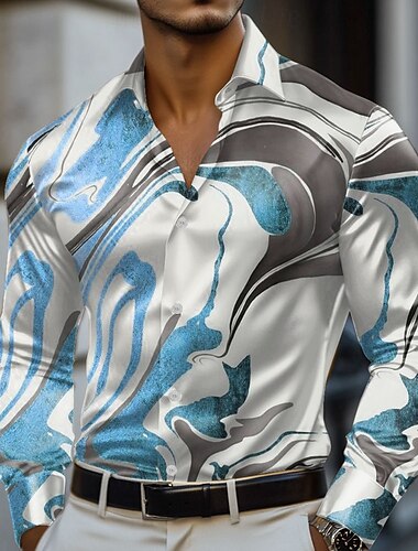  Herren Geometrisch Marmor Abstrakte Kunst Satinhemd Kleidhemd Langarm Modisch lässig Urlaub Ferien Sommer Frühling Herbst Umlegekragen Hemden mit Kragen 3D-Druck Hemden mit Knopfleiste Blau Purpur