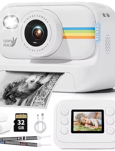 Appareil photo instantané pour enfants, 1080p HD, écran 2 pouces, zoom vidéo, photo, 32 Go, cadeaux d'anniversaire, jouets numériques