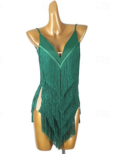  Baile Latino Vestido Borla Color Puro Corte Mujer Rendimiento Entrenamiento Sin Mangas Chinlon Licra