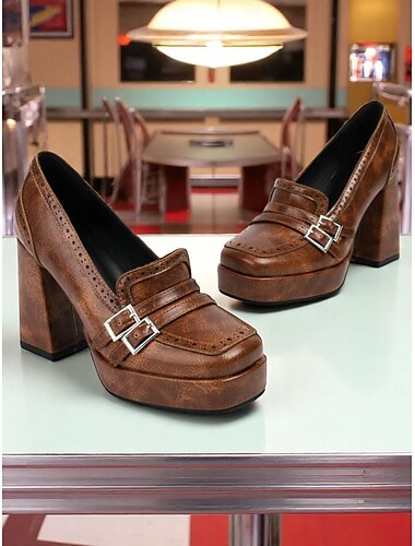  Braune Loafer mit Blockabsatz und Doppelschnalle für Damen – Retro-Brogue-Plateau-Pumps im 50er-Jahre-Stil fürs Büro, Vintage-Outfits und Herbstmode
