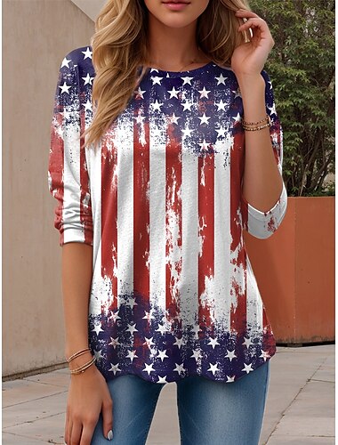  Onafhankelijkheidsdag Vrouwen Patriottische Vierde Juli Blouse Grafische Vlag Amerikaanse Vlag Vintage Stijlvol Casual Lange Mouw Crew Neck Ronde Hals Reguliere Toppen Dagelijkse Print Rood Blauw