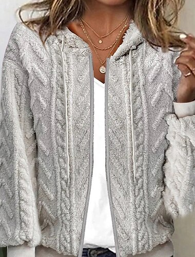  Damen Strickjacke Lässig Einfarbig Grobstrick Mit Kapuze Reißverschluss Gestrickt Langarm Normale Oberteile Stricken Täglich Ferien Ausgehen Hellgrau Herbst Winter