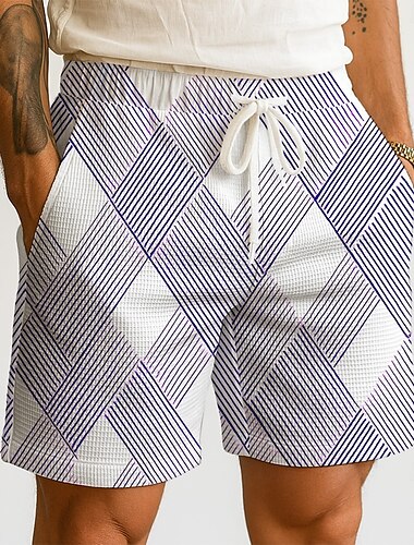  Herren Geometrisch Karo / Karomuster Waffel-Shorts Sweat-Shorts Freizeitshorts Mittlere Taille Modisch lässig Urlaub Joggen Trainieren Elastischer Kordelzug in der Taille Shorts mit Taschen Designer