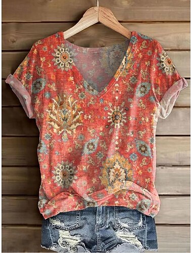  Damen T Shirt Blumen Grafik Pflanzen Bohemien Vintage Stilvoll Kurzarm V Ausschnitt Normale Oberteile Täglich Ausgehen Wochenende Druck Schwarz Weiß Rote Blau Purpur Sommer