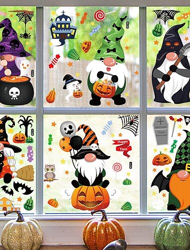  6 listů halloweenských samolepek na okno, dekorace s oboustrannými obtisky, statické samolepky na sklo s balónky a trpaslíkem a čarodějnicí, nejprodávanější halloweenské samolepky na okno