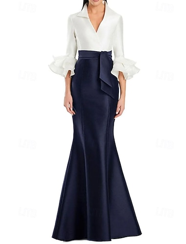  schwarz-weißes Abendkleid Meerjungfrau/Trompete Abendkleid elegantes Kleid formelle Hochzeit bodenlang Halbarm Hemdkragen Stretch-Satin mit Rüschen 2025