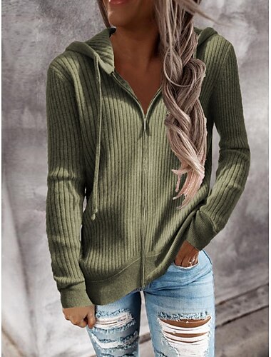  Damen Pullover Strickjacke Elegant Mode Streetwear Einfarbig Mit Kapuze Reißverschluss Gestrickt Langarm Normale Oberteile Stricken Outdoor Täglich Wochenende Schwarz Weiß Herbst Winter