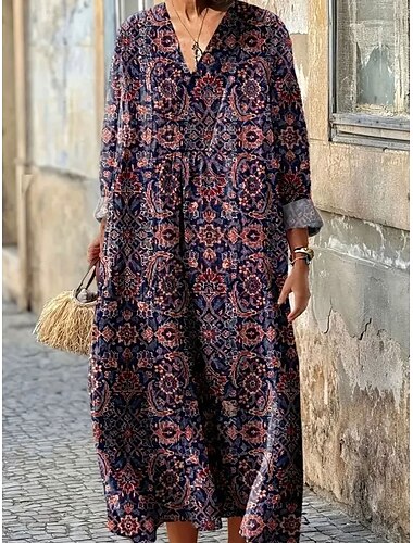  Femmes Robe Midi Robe d'Été Robe trapèze Vacances Occasionnel Sortir Graphique Paisley manche longue Col en V bleu marine Été Printemps