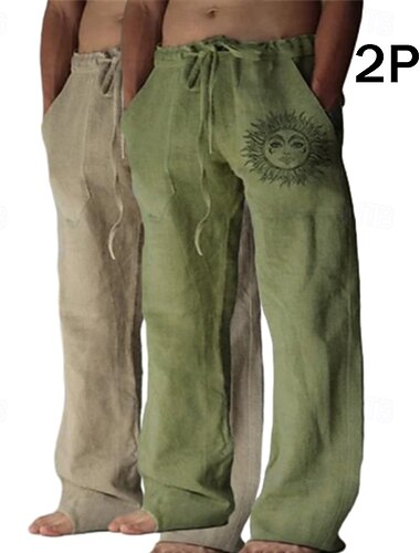 Voor heren Linnen broek Broek Zomerbroek Wijde broek Strandbroeken Trekkoord Elastische taille Recht been Grafisch Zon Ademend Zacht Volledige lengte Buiten Huis Casual Modieus Streetwear Wit + rood