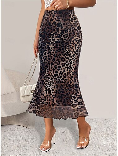  Damen Rock Figurbetont Trompete / Meerjungfrau Sexy Lässig Midi Hohe Taille Röcke Leopard Druck Dehnbar Straße Täglich Braun Frühling Polyester