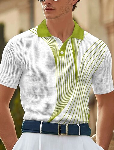  Herren Abstrakt Geometrisch Waffel-Poloshirts Kurzarm Polo-Shirts Hemden mit Kragen Business-Casual Geschäft Athleisure Alltagskleidung 3D-Druck Knöpfe Sommer Rote Blau Grün
