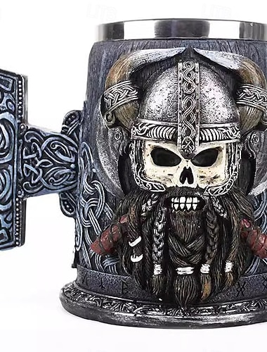  Jarra de cerveza con calavera vikinga, taza de regalo para el Oktoberfest, taza de café pirata nórdica medieval con estatua de guerrero vikingo 3D, jarra de esqueleto gótico para bar o regalo