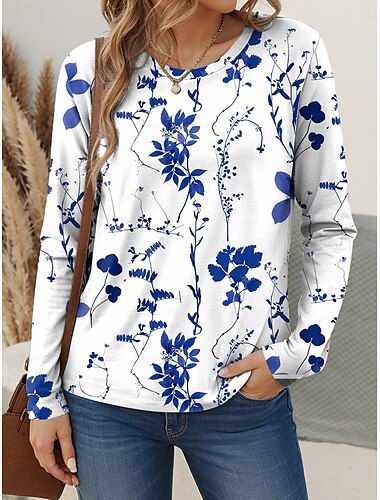  女性用 Tシャツ グラフィック 植物 抽象的 ヴィンテージ スタイリッシュ カジュアル 長袖 クルーネック レギュラートップス 日常 週末 プリント ルビーレッド ブルー パープル グリーン 夏 春
