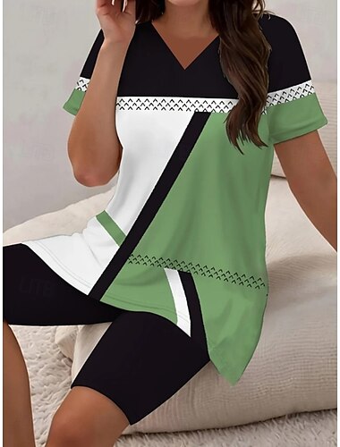  Femmes Mode T-shirt Ensembles de Shorts Manche Courte Col en V Fleuri Graphique Léopard Imprimé Décontracté Quotidien Noir Dorée Vert Été Coupe régulière