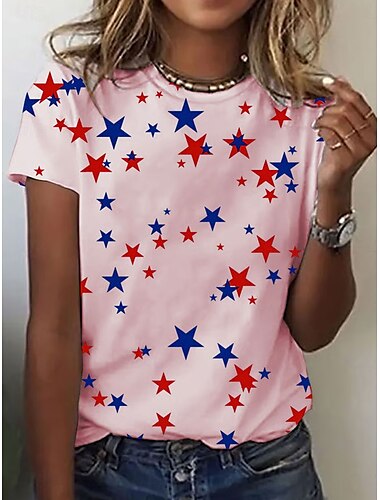  Unabhängigkeitstag Damen Patriotisches T-Shirt Vierter Juli Grafik Stern Vintage Stylisch Klassisch Kurzarm Rundhalsausschnitt Regelmäßige Oberteile Täglicher Wochenenddruck Schwarz Weiß Pink Sommer